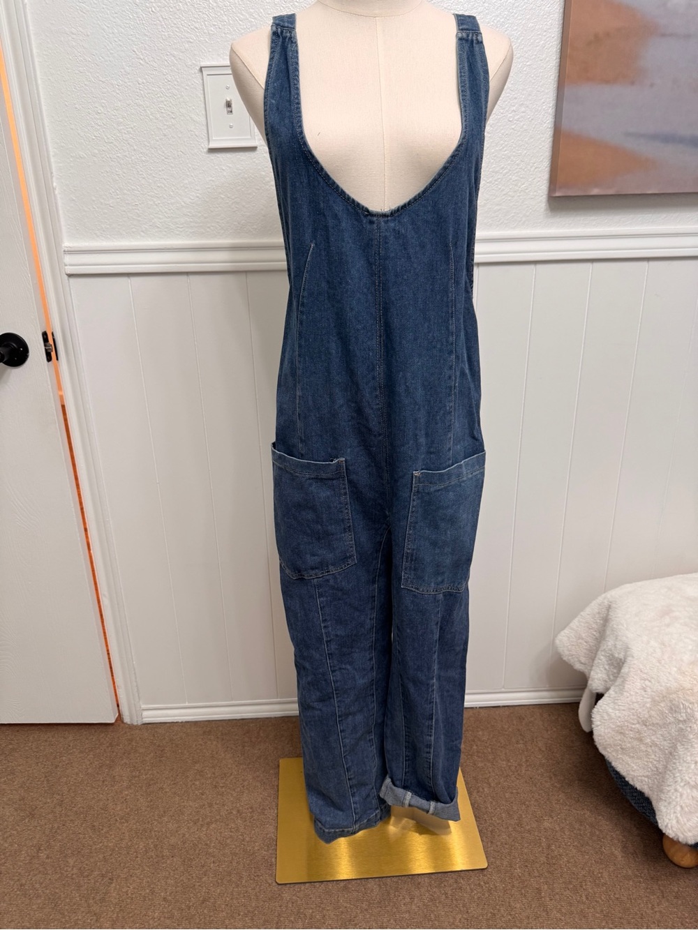 Denim Overalls with Front Pockets - Deep Blue